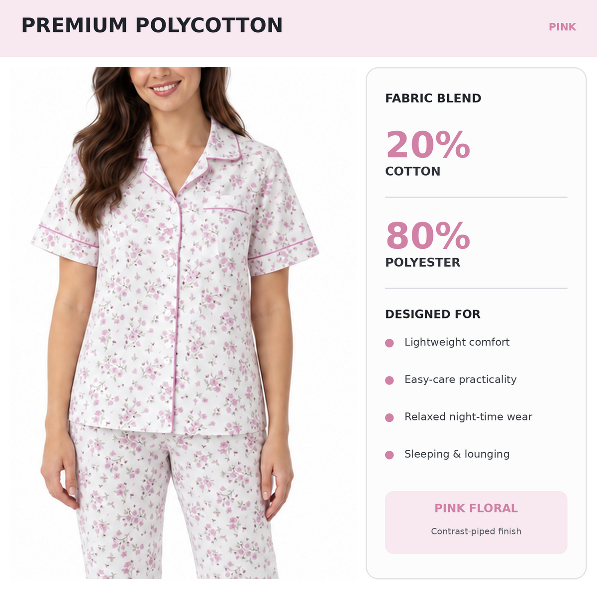 Pink floral pyjama fabric information showing 20 percent cotton and 80 percent polyester