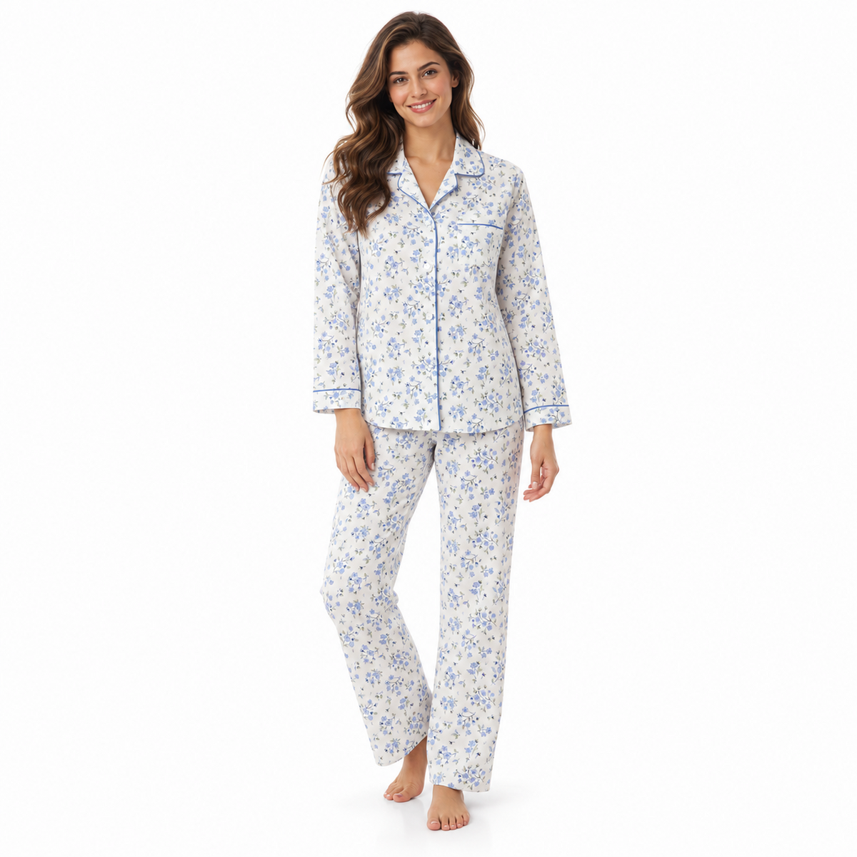 Lamros LR15 blue floral long-sleeve polycotton pyjama set with button-front shirt and straight-leg trousers, front view