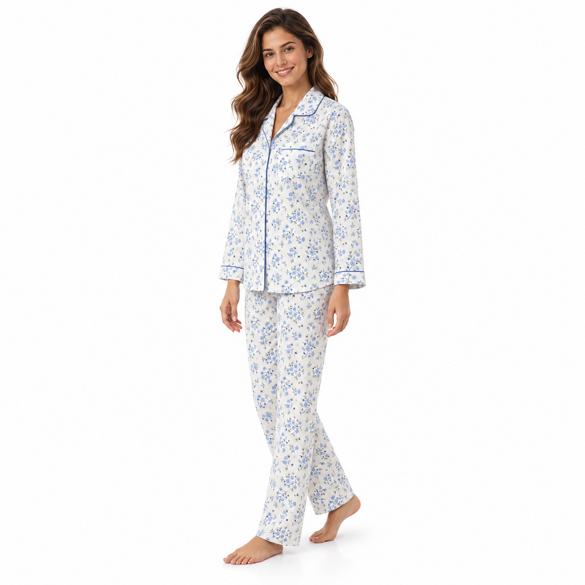Side view of the Lamros blue floral long-sleeve pyjama shirt and matching straight-leg trousers
