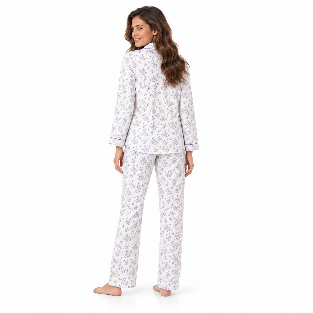 Back view of the Lamros lilac floral long-sleeve pyjama set