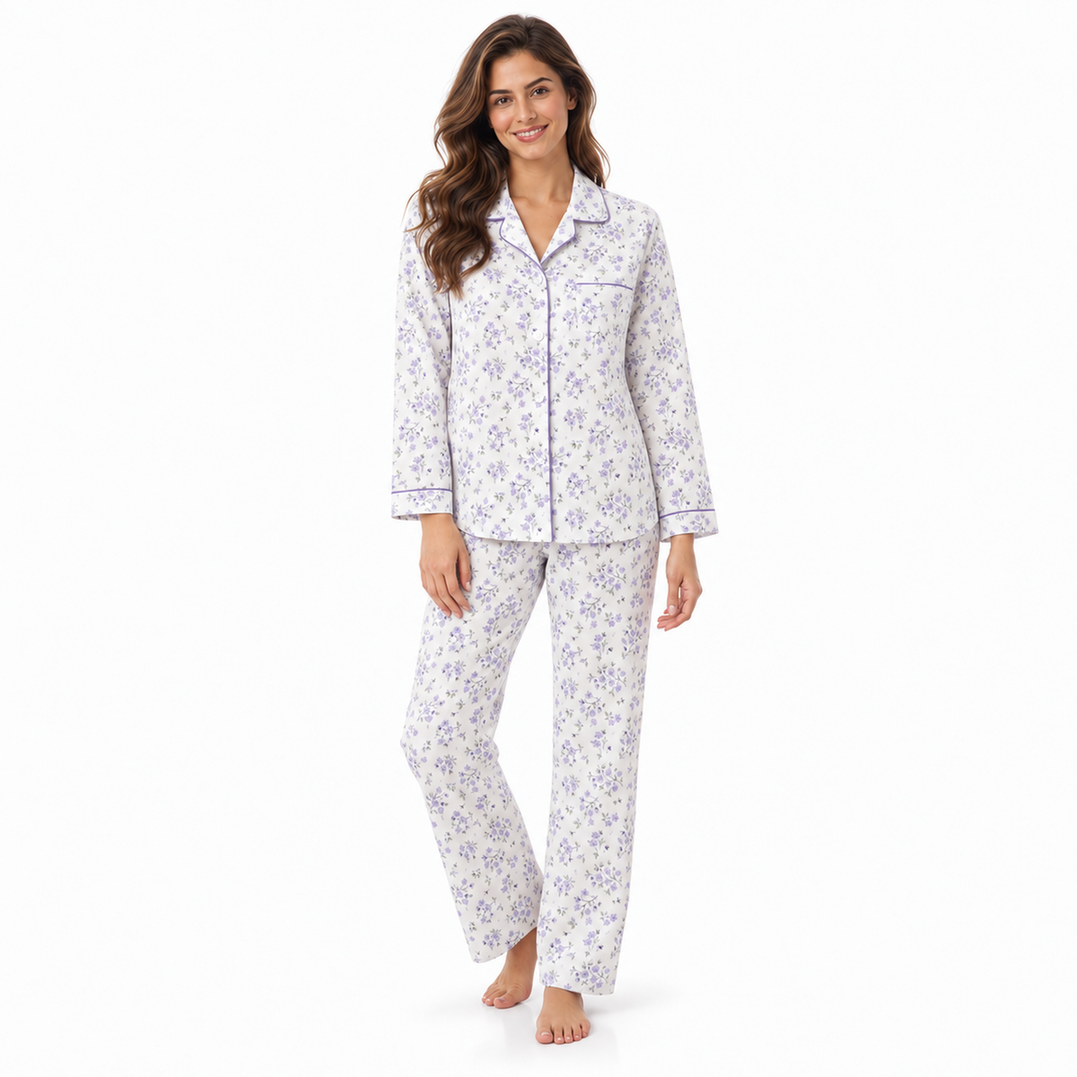 Lamros LR15 lilac floral long-sleeve polycotton pyjama set with button-front shirt and straight-leg trousers, front view