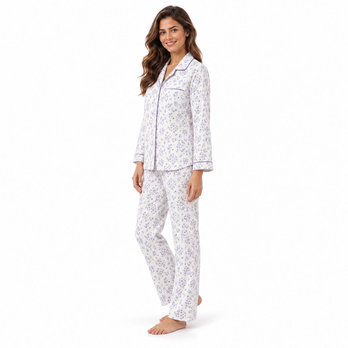 Side view of the Lamros lilac floral long-sleeve pyjama shirt and matching trousers