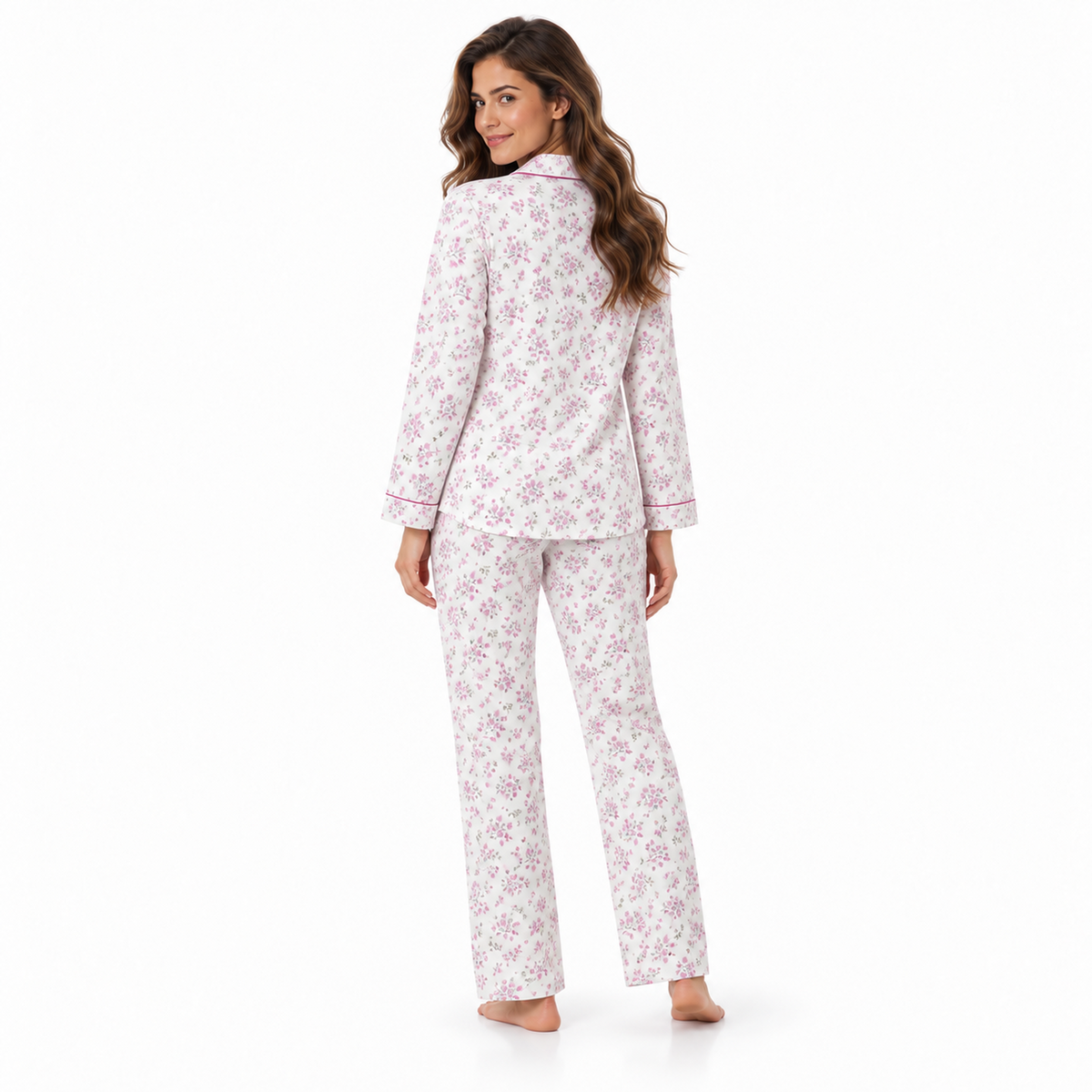 Back view of the Lamros pink floral long-sleeve pyjama set