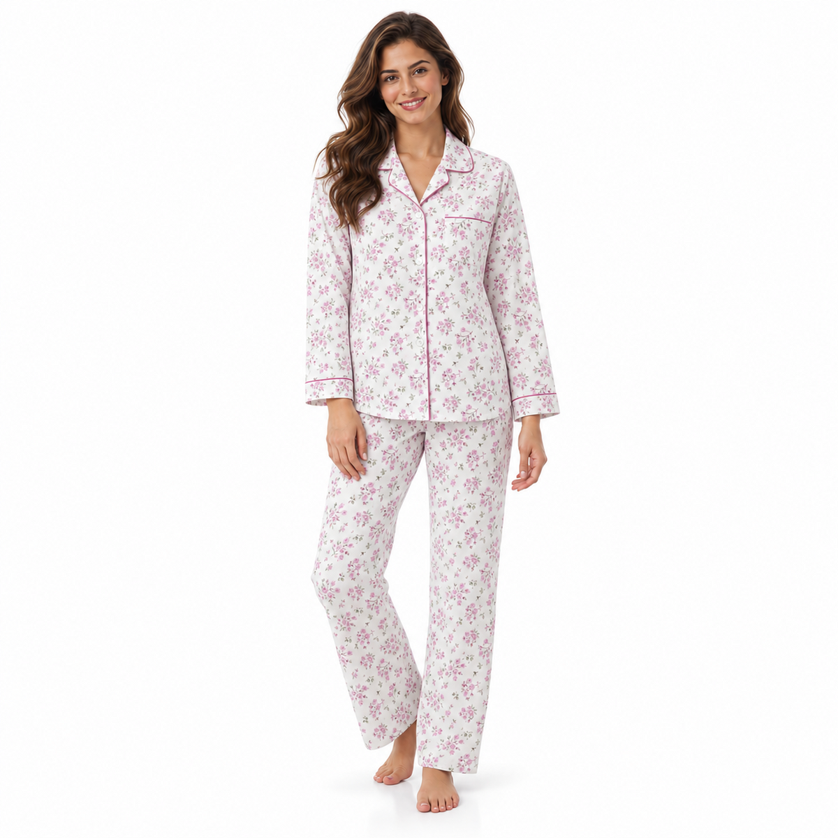 Lamros LR15 pink floral long-sleeve polycotton pyjama set with button-front shirt and straight-leg trousers, front view