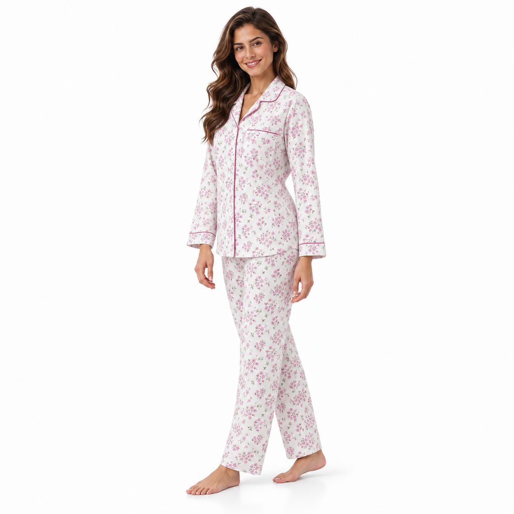 Side view of the Lamros pink floral long-sleeve pyjama shirt and matching trousers