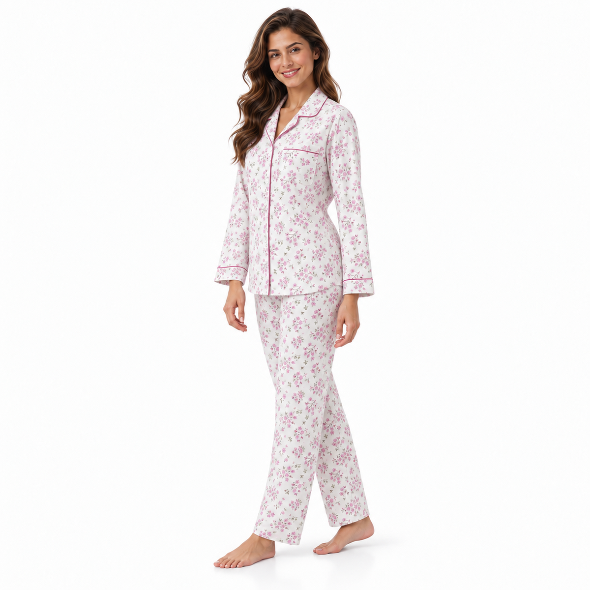 Side view of the Lamros pink floral long-sleeve pyjama shirt and matching trousers