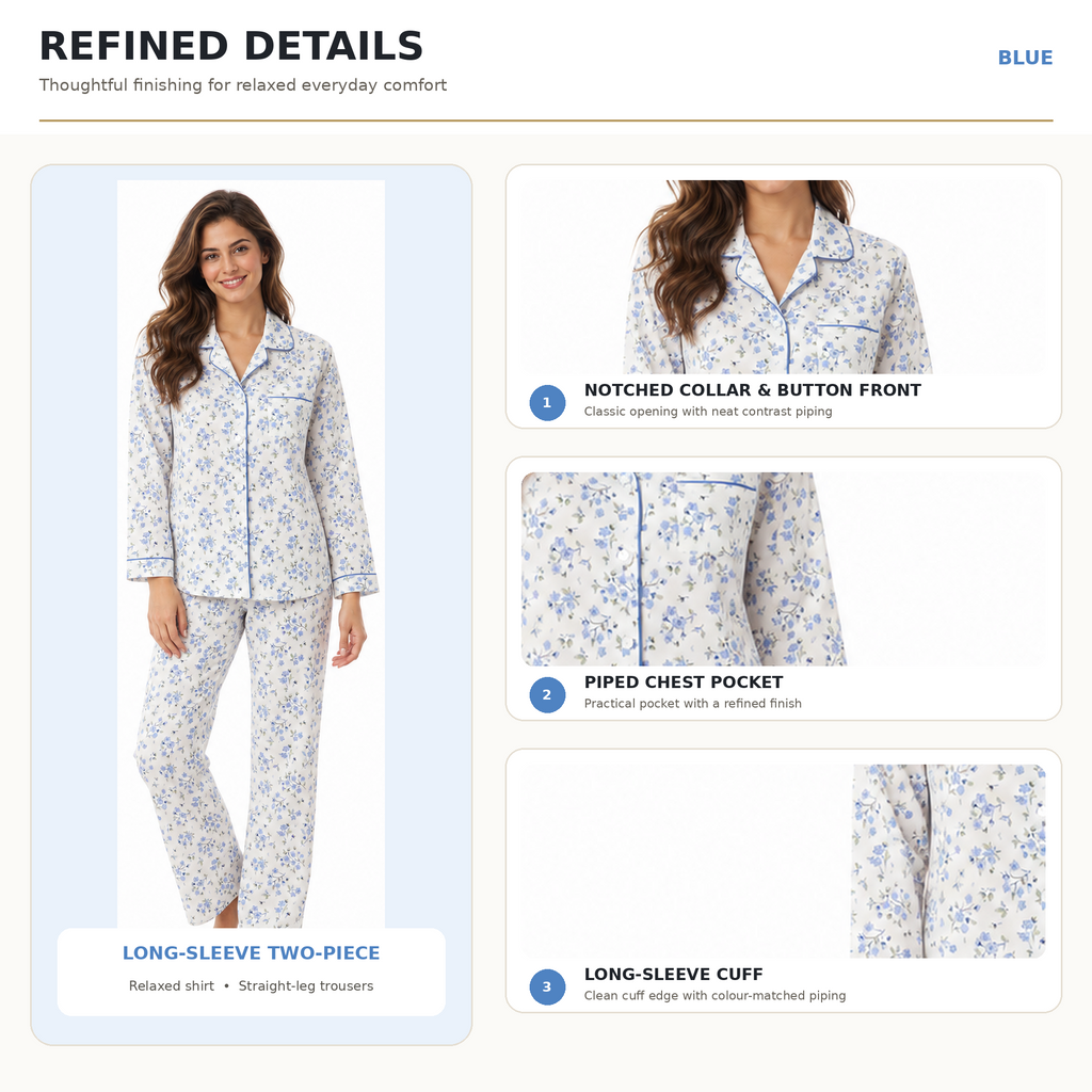 Lamros pyjama details showing the notched collar, button front, piped chest pocket and long-sleeve cuffs