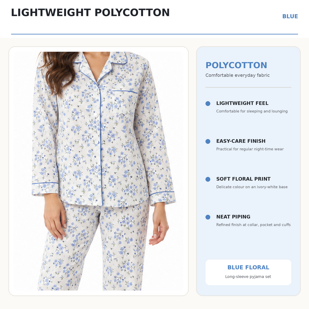 Lamros pyjama material information showing lightweight polycotton fabric, floral print and contrast piping