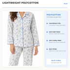 Lamros pyjama material information showing lightweight polycotton fabric, floral print and contrast piping