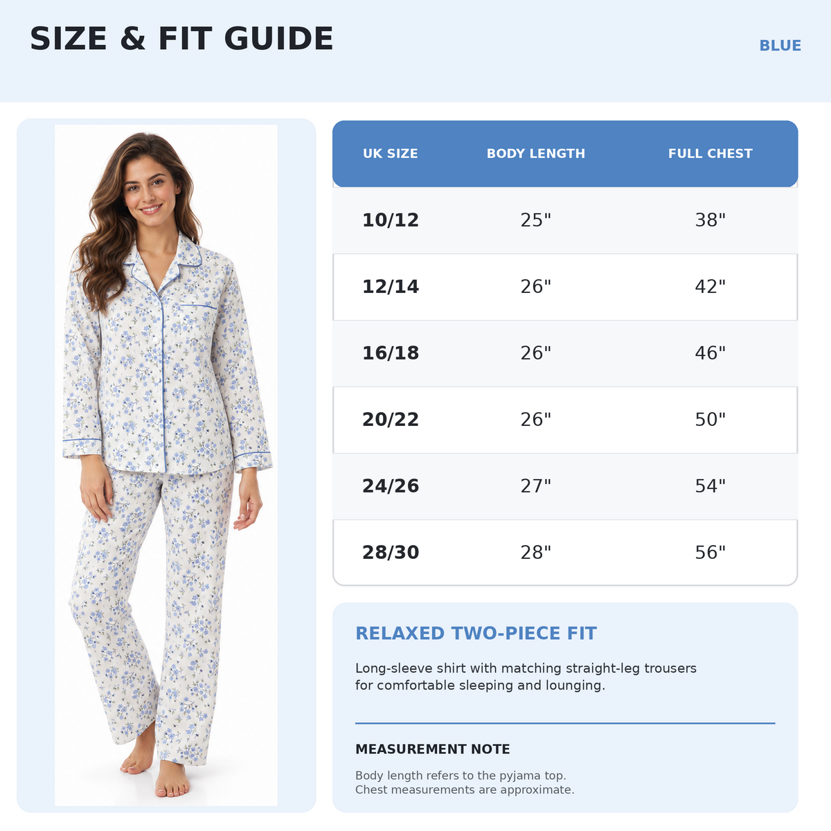 Lamros LR15 size and fit guide showing six UK sizes from 10/12 to 28/30 with top length and chest measurements