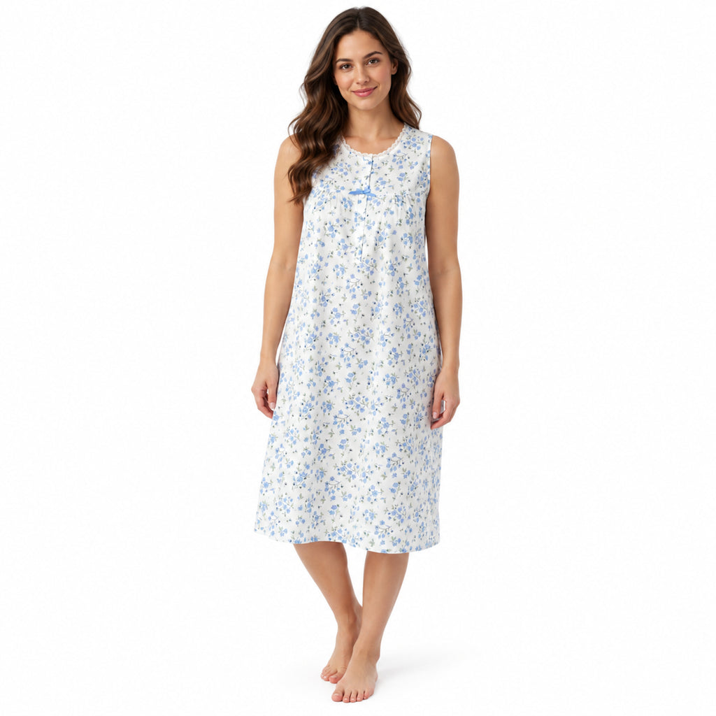 Lamros LR16 blue sleeveless floral polycotton nightdress with scalloped lace neckline, front view