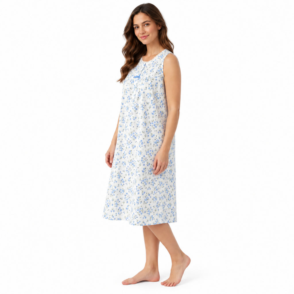 Side view of the Lamros blue sleeveless floral nightdress showing its relaxed A-line fit
