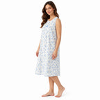 Side view of the Lamros blue sleeveless floral nightdress showing its relaxed A-line fit