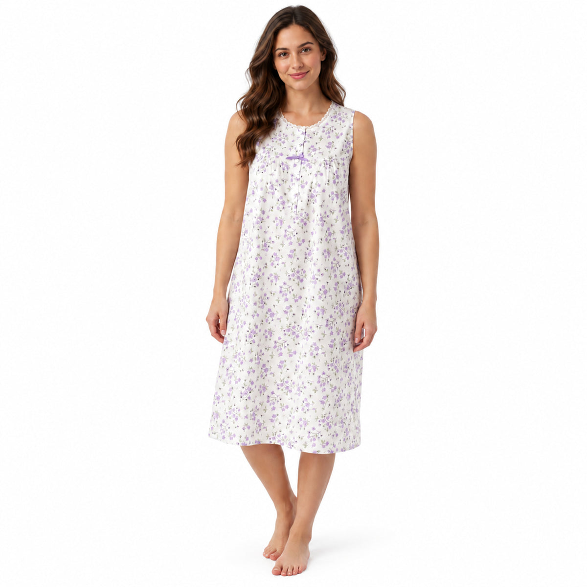 Lamros LR16 lilac sleeveless floral polycotton nightdress with scalloped lace neckline, front view