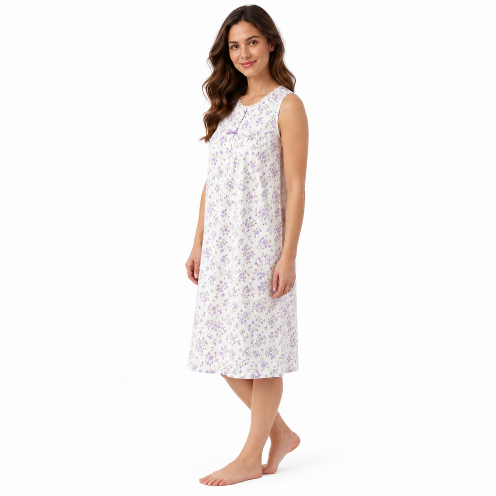 Side view of the Lamros lilac sleeveless floral nightdress with a relaxed A-line fit