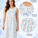 Lamros sleeveless nightdress details showing scalloped lace neckline, short button placket and gathered A-line fit