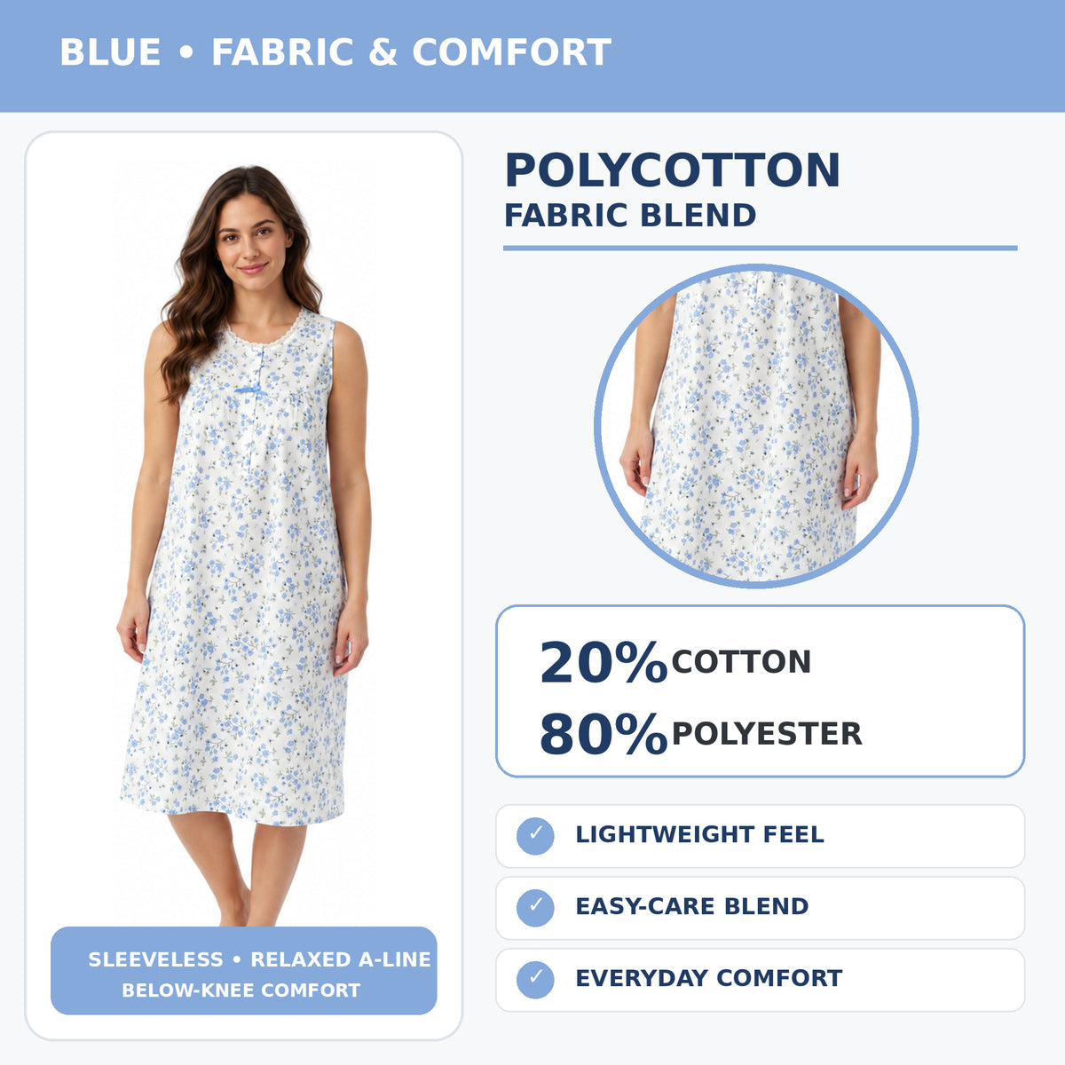 Lamros sleeveless nightdress material guide showing 20 percent cotton and 80 percent polyester