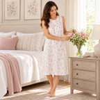 Model arranging flowers while wearing the Lamros pink sleeveless floral nightdress in a bedroom