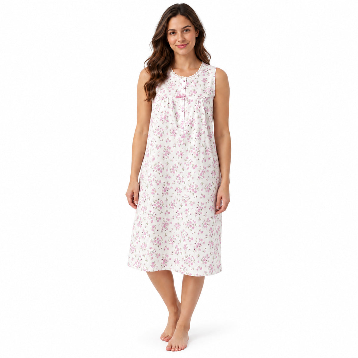 Lamros LR16 pink sleeveless floral polycotton nightdress with scalloped lace neckline, front view