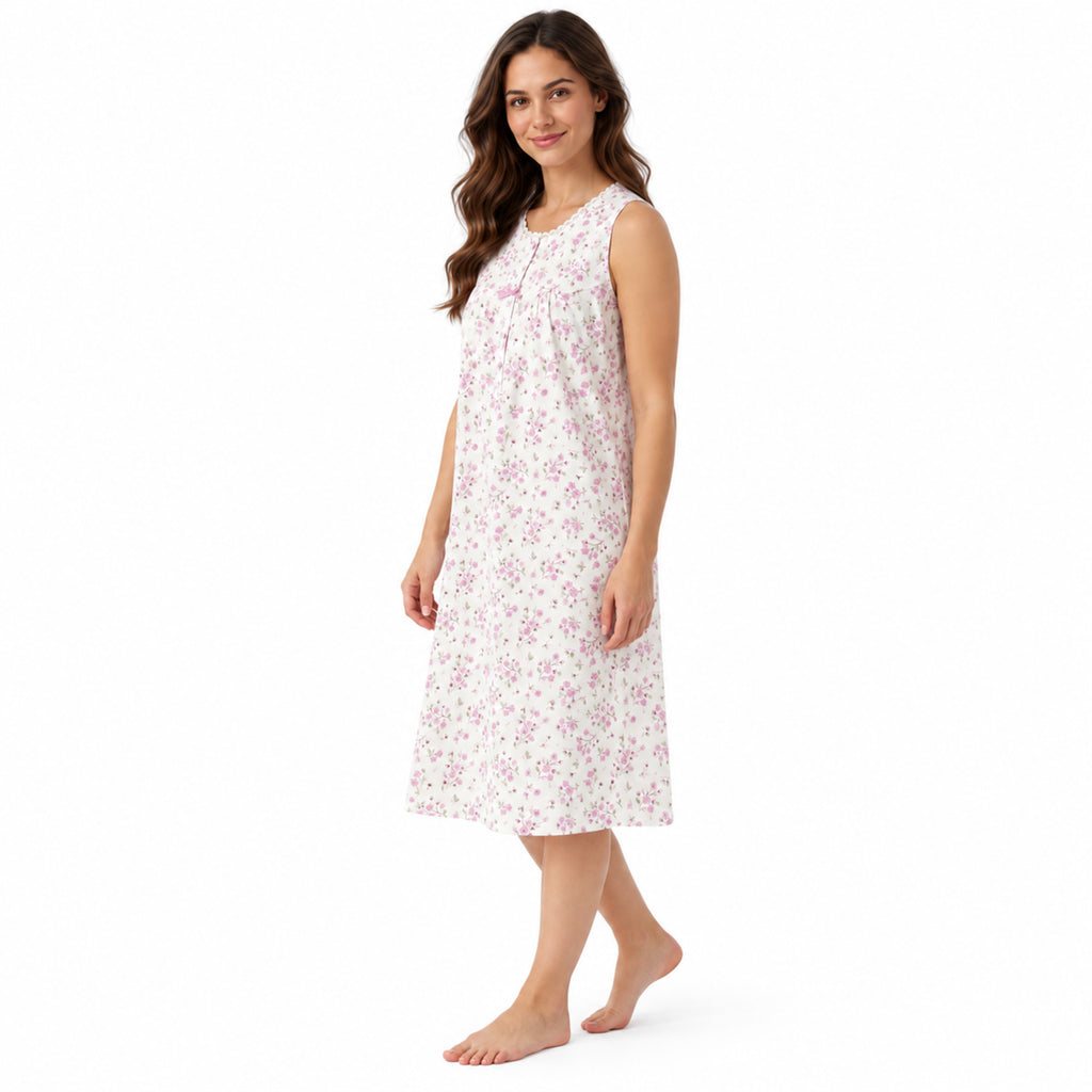 Side view of the Lamros pink sleeveless floral nightdress with a relaxed A-line fit