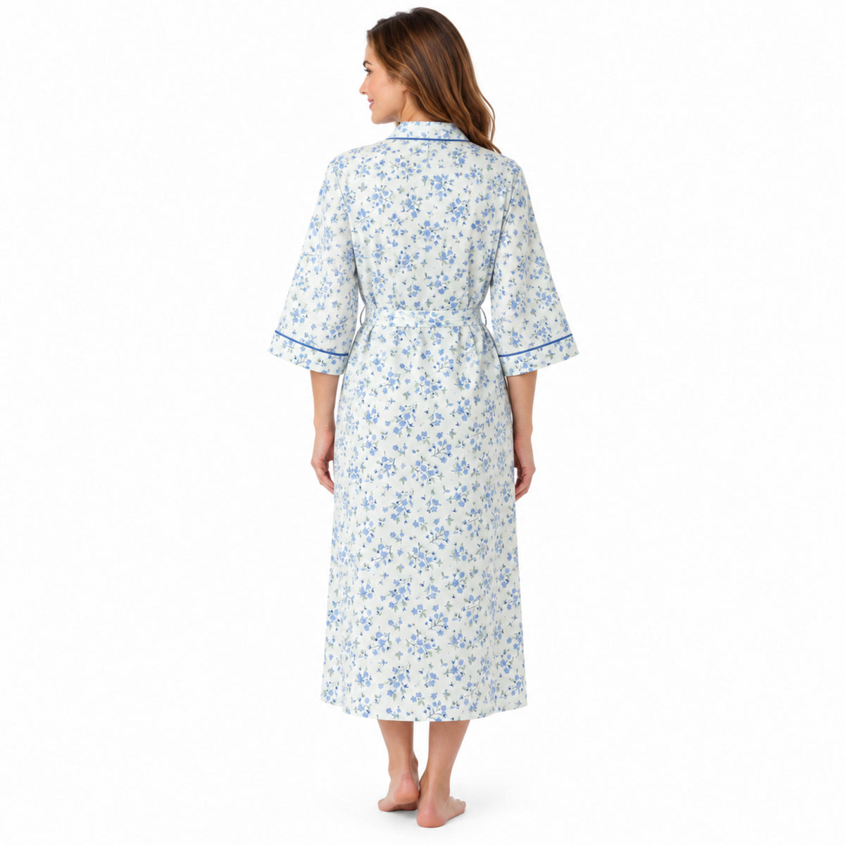 Lamros LR18 women's floral wrap dressing gown in blue – back view