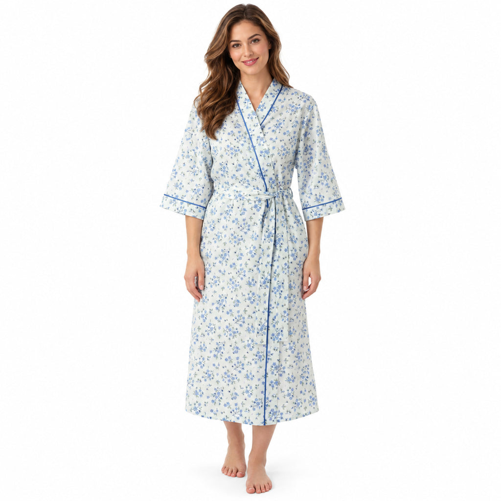Lamros LR18 women's floral wrap dressing gown in blue – front view