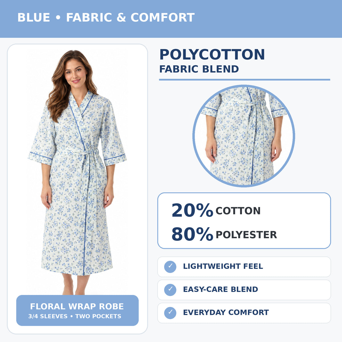 Lamros LR18 women's floral wrap dressing gown in blue – polycotton fabric, 20% cotton and 80% polyester