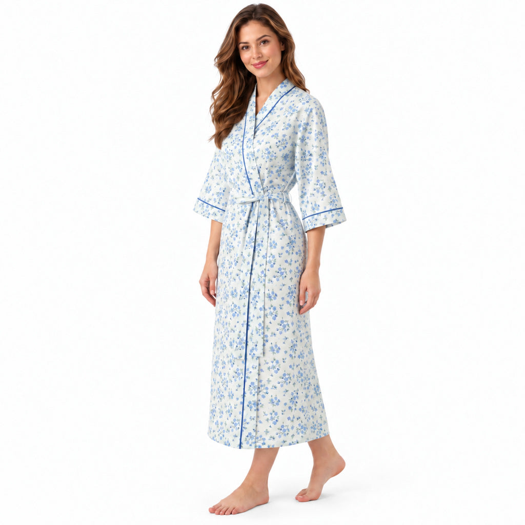 Lamros LR18 women's floral wrap dressing gown in blue – side view
