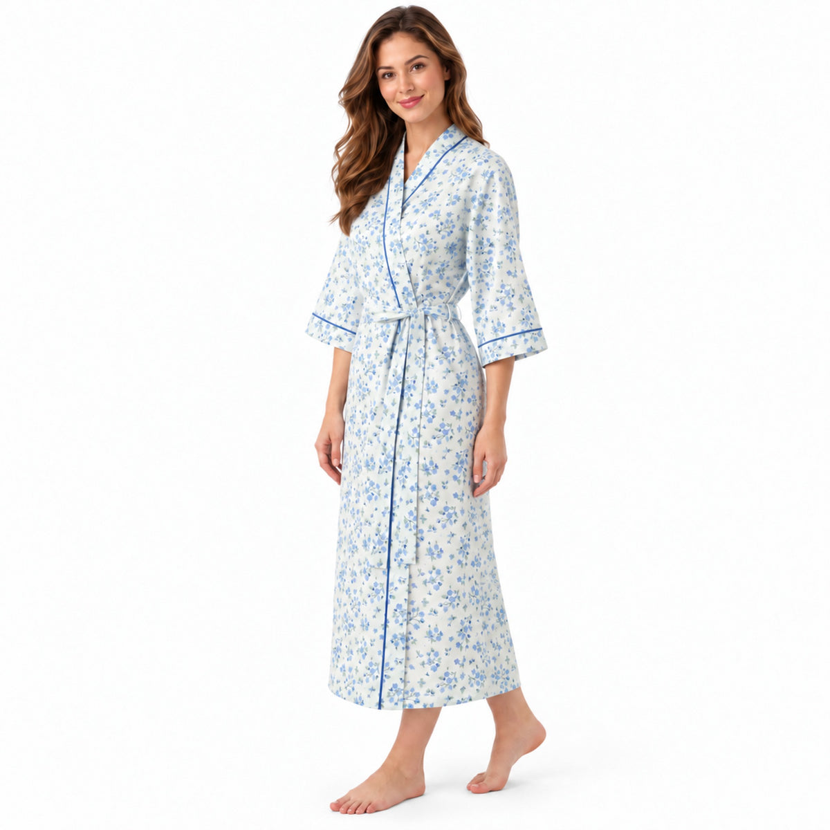 Lamros LR18 women's floral wrap dressing gown in blue – side view