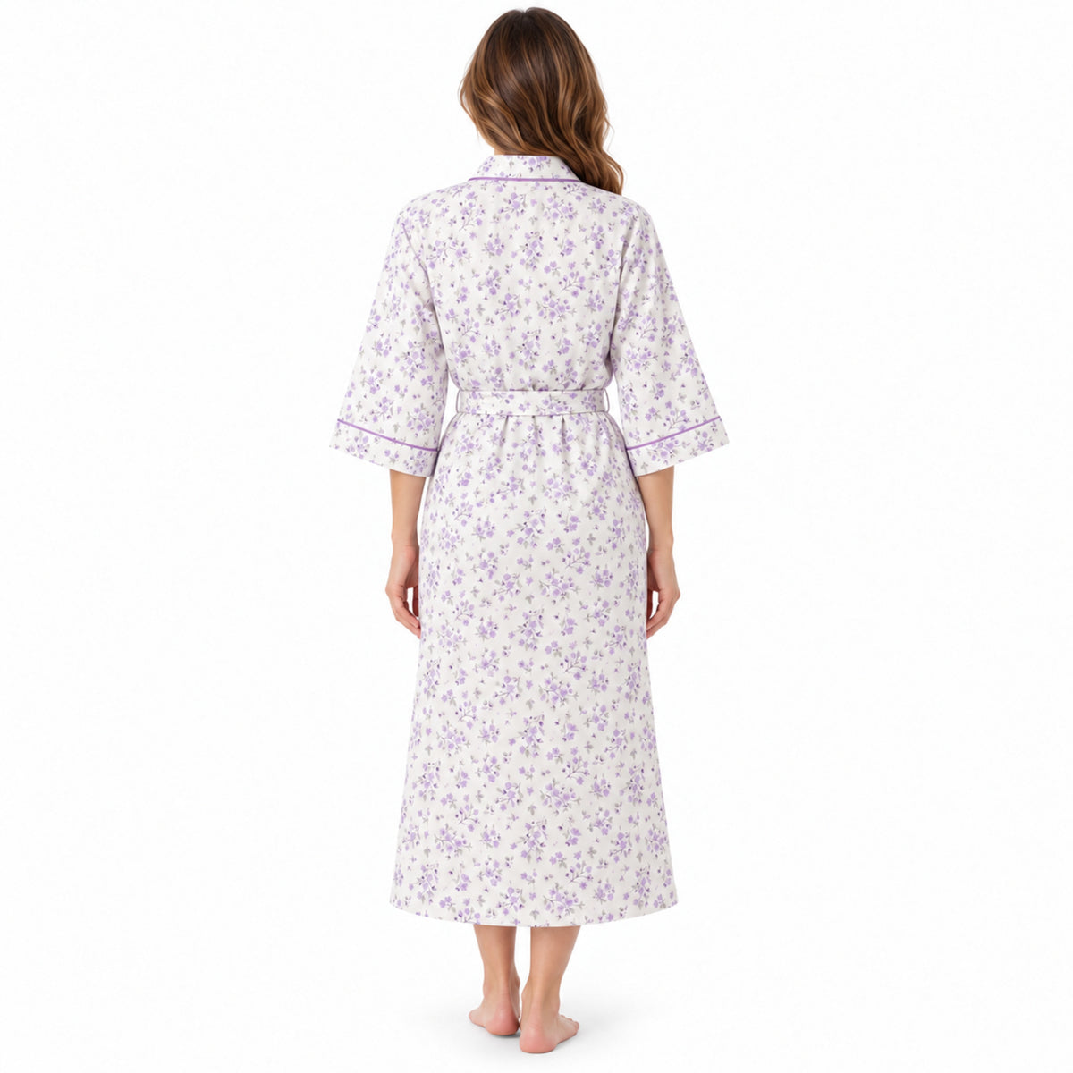 Lamros LR18 women's floral wrap dressing gown in lilac – back view
