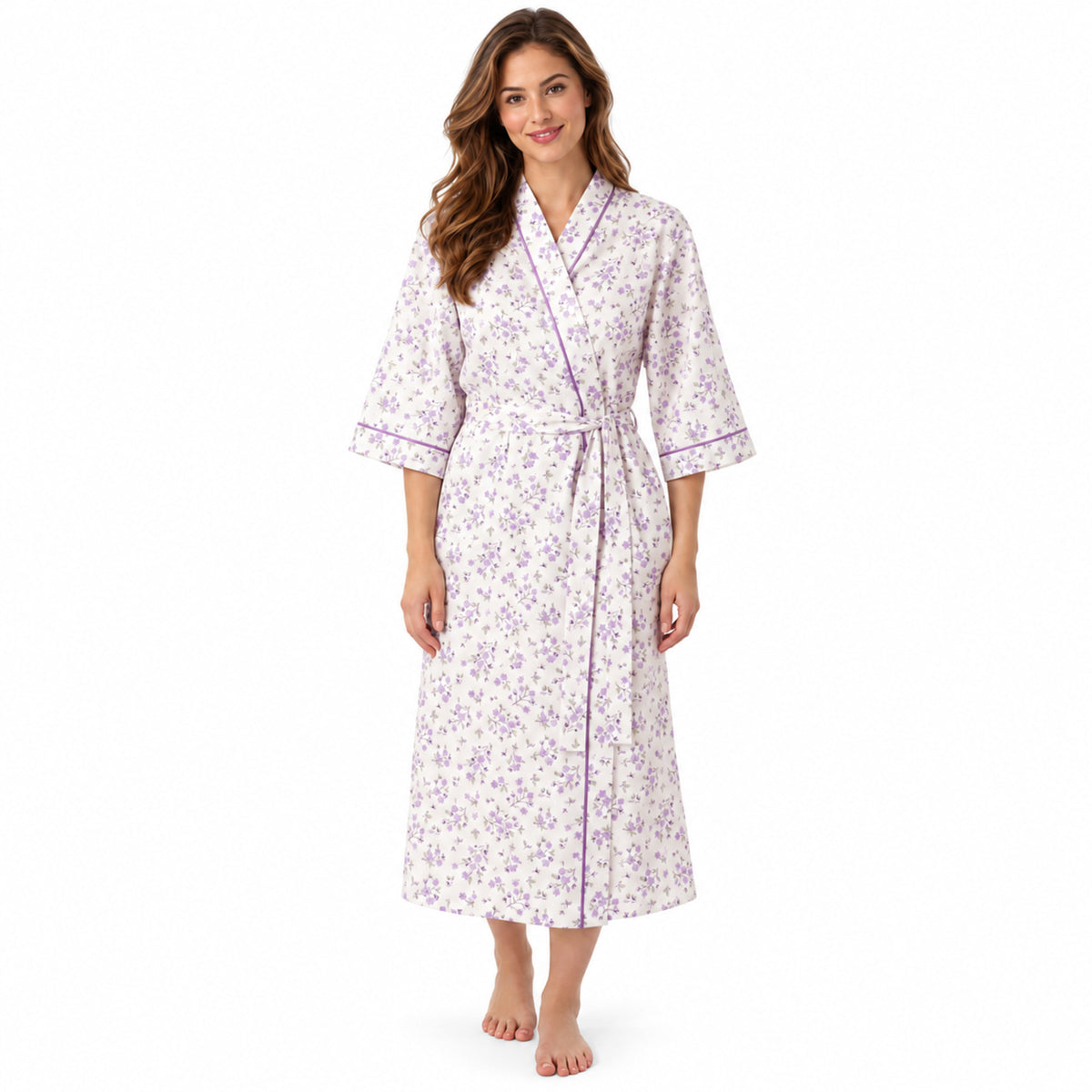 Lamros LR18 women's floral wrap dressing gown in lilac – front view