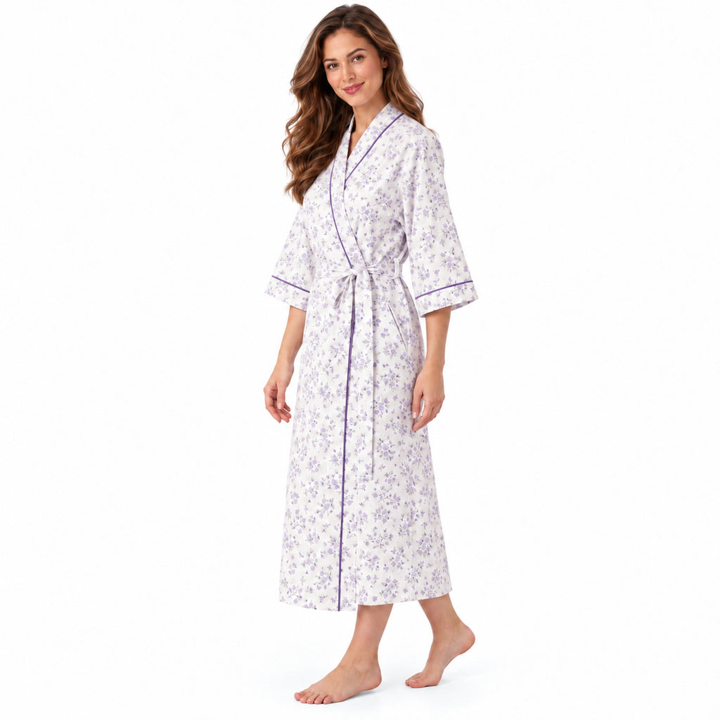 Lamros LR18 women's floral wrap dressing gown in lilac – side view