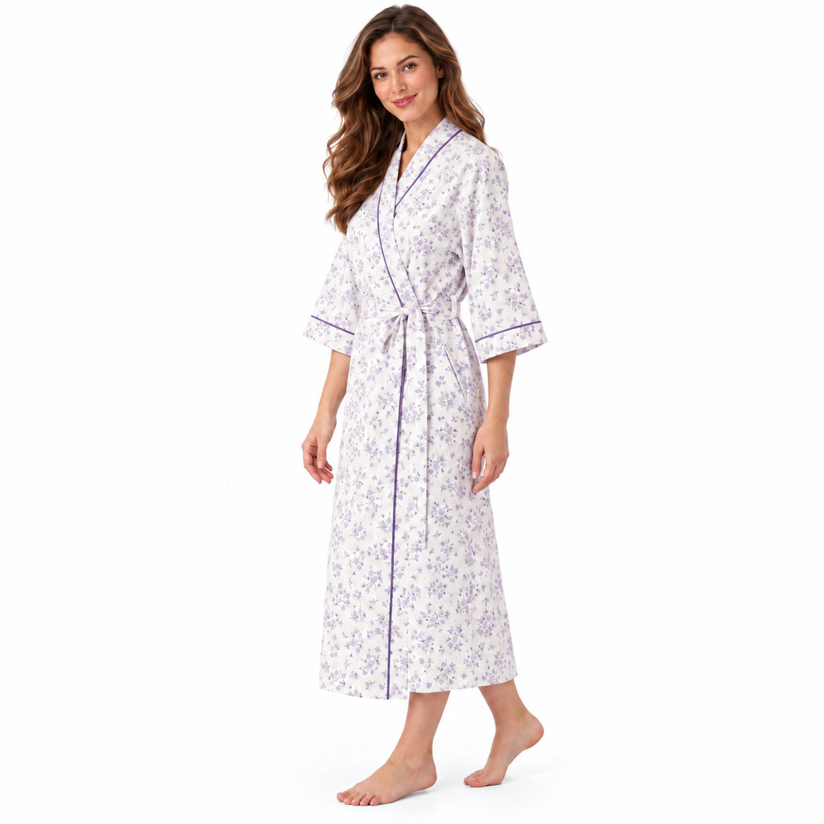 Lamros LR18 women's floral wrap dressing gown in lilac – side view