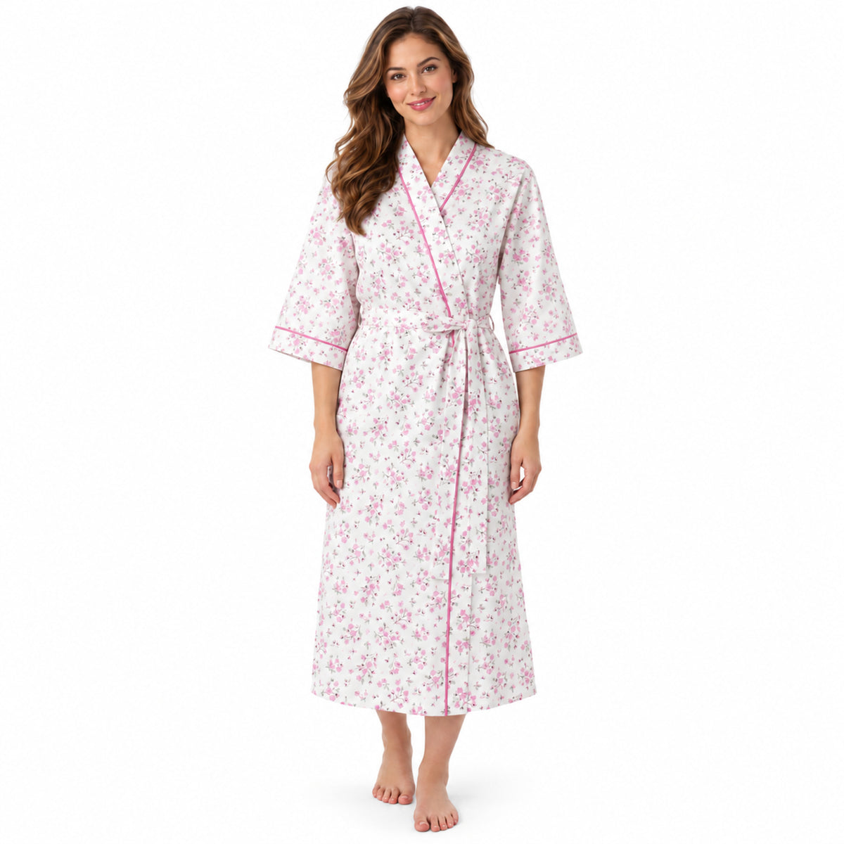 Lamros LR18 women's floral wrap dressing gown in pink – front view