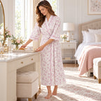 Lamros LR18 women's floral wrap dressing gown in pink – lifestyle view