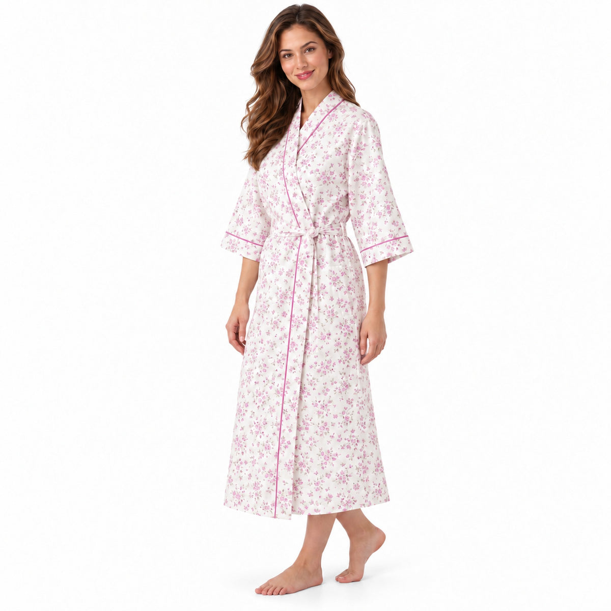 Lamros LR18 women's floral wrap dressing gown in pink – side view