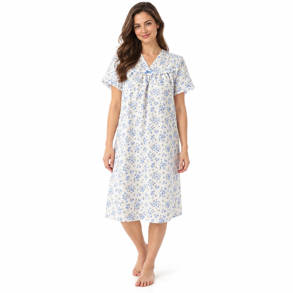 Lamros LR20 women's floral V-neck short sleeve nightdress in blue – front view