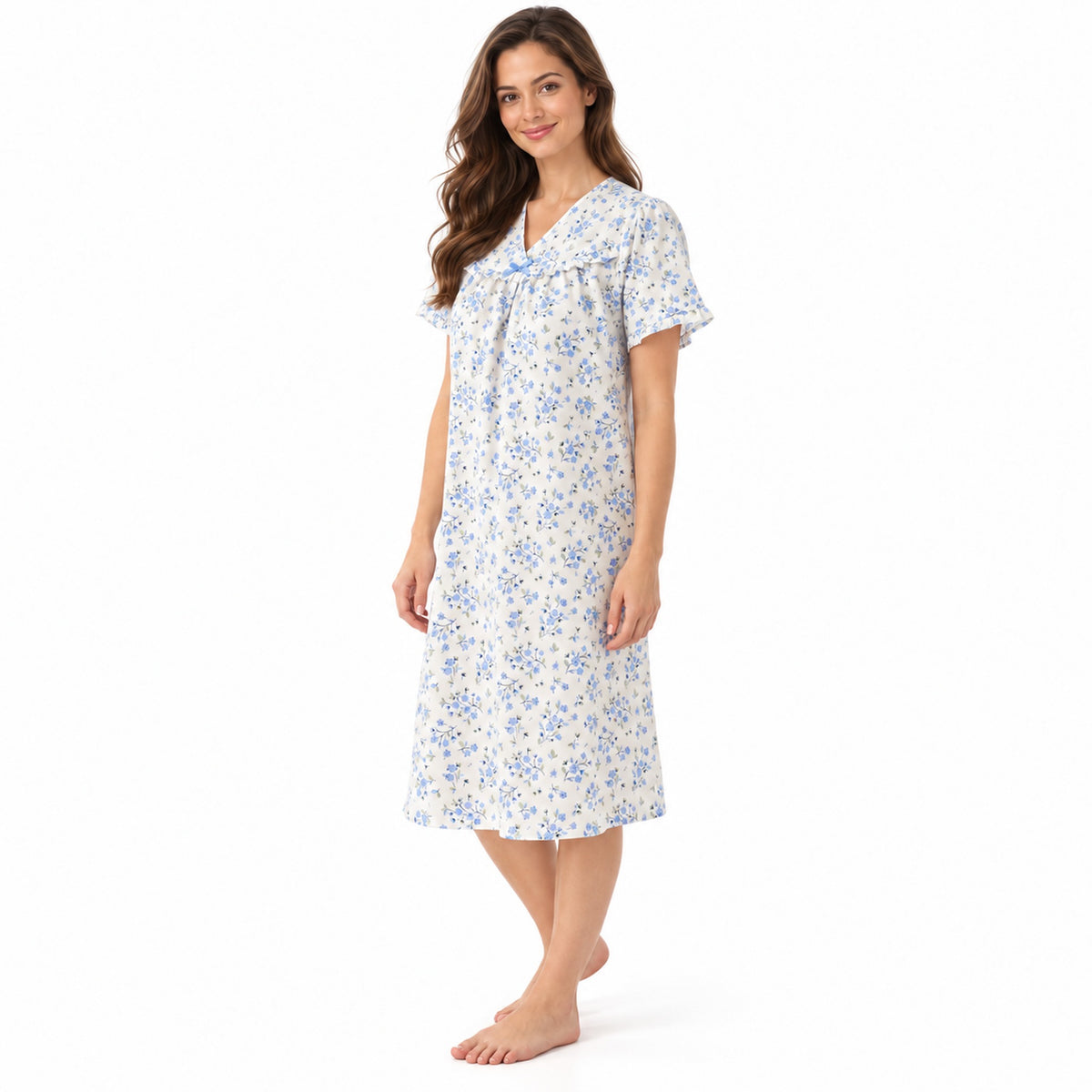 Lamros LR20 women's floral V-neck short sleeve nightdress in blue – side view