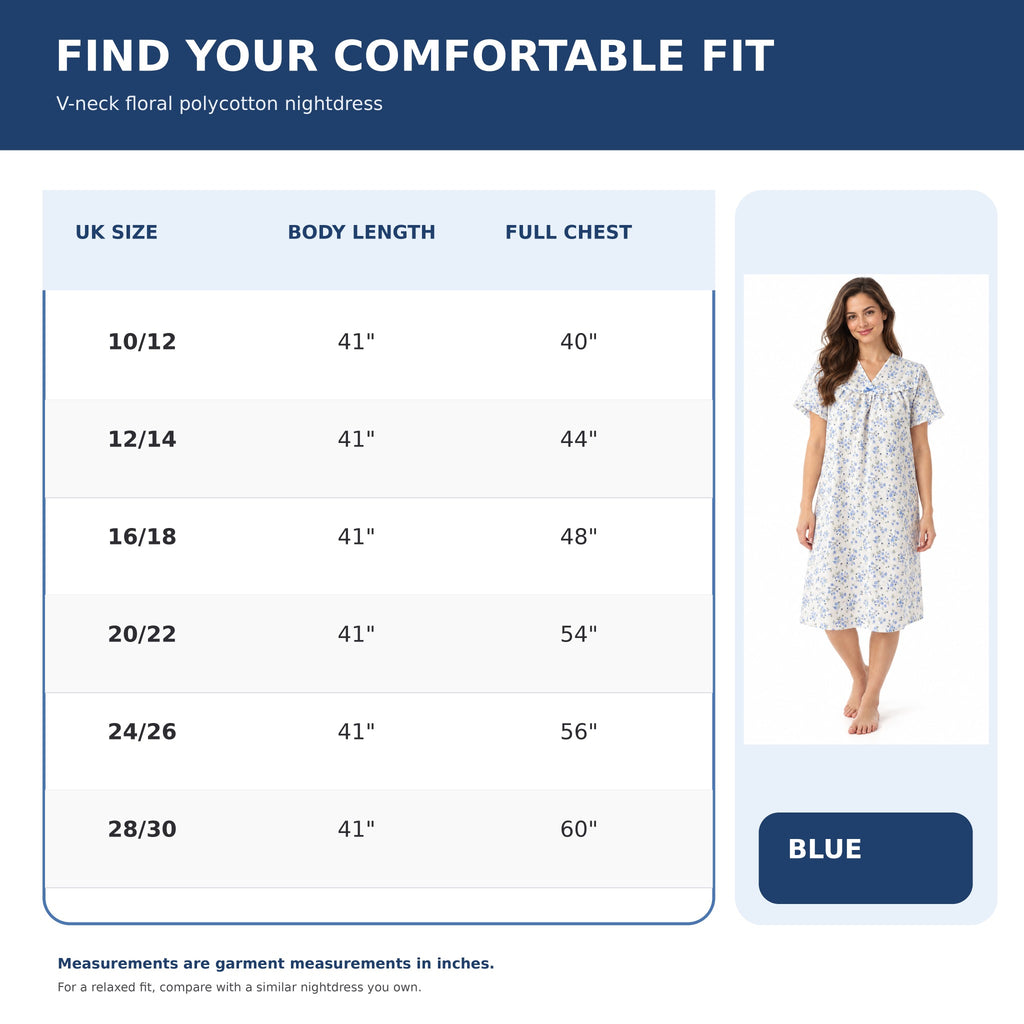 Lamros LR20 women's floral V-neck short sleeve nightdress in blue – uk size guide and garment measurements