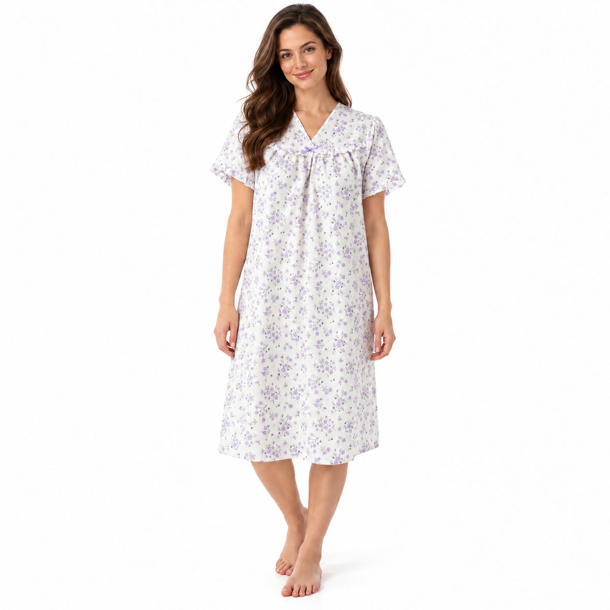 Lamros LR20 women's floral V-neck short sleeve nightdress in lilac – front view