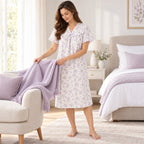 Lamros LR20 women's floral V-neck short sleeve nightdress in lilac – lifestyle view
