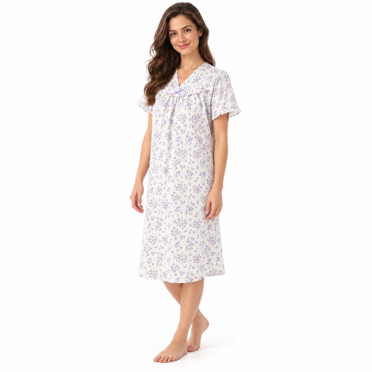 Lamros LR20 women's floral V-neck short sleeve nightdress in lilac – side view