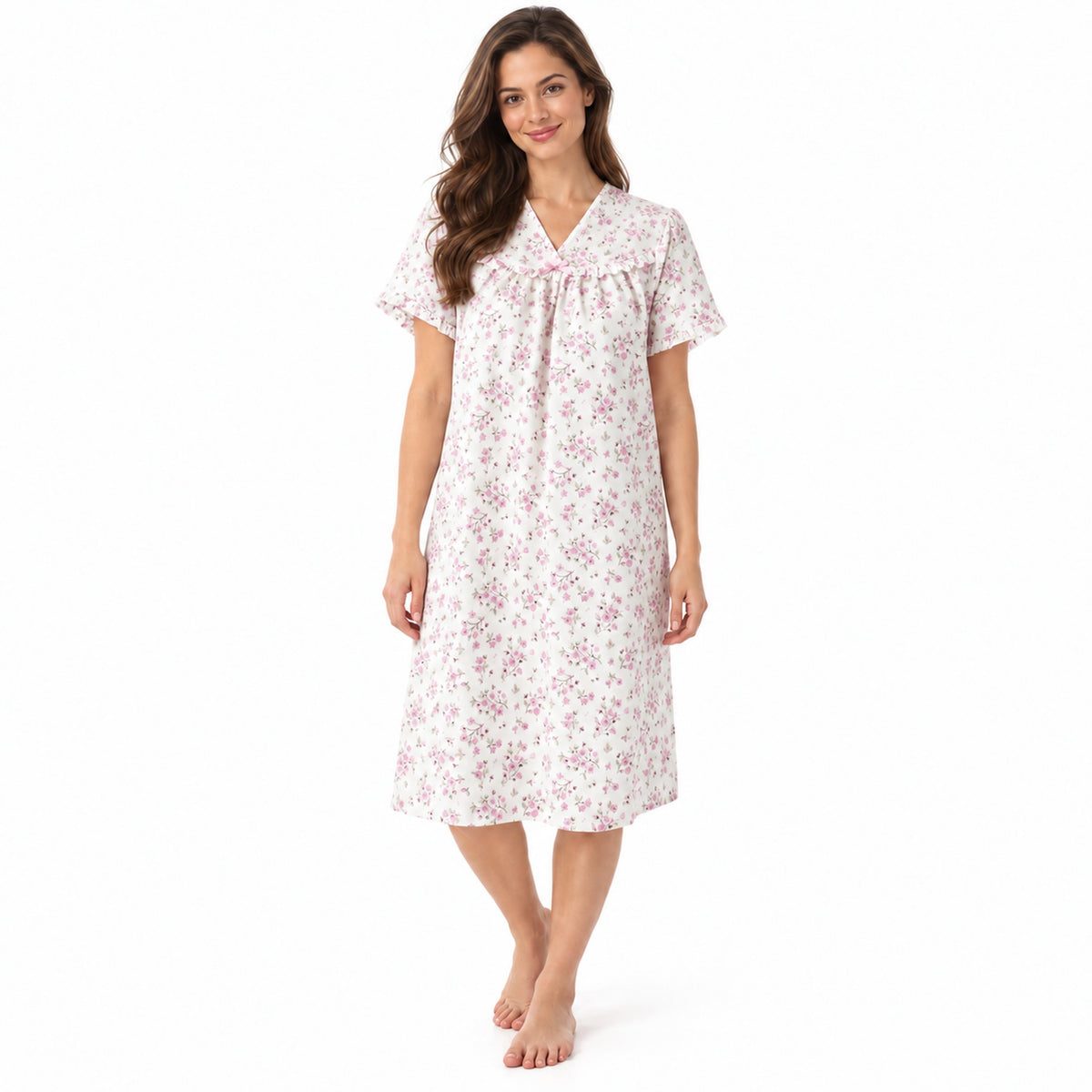 Lamros LR20 women's floral V-neck short sleeve nightdress in pink – front view
