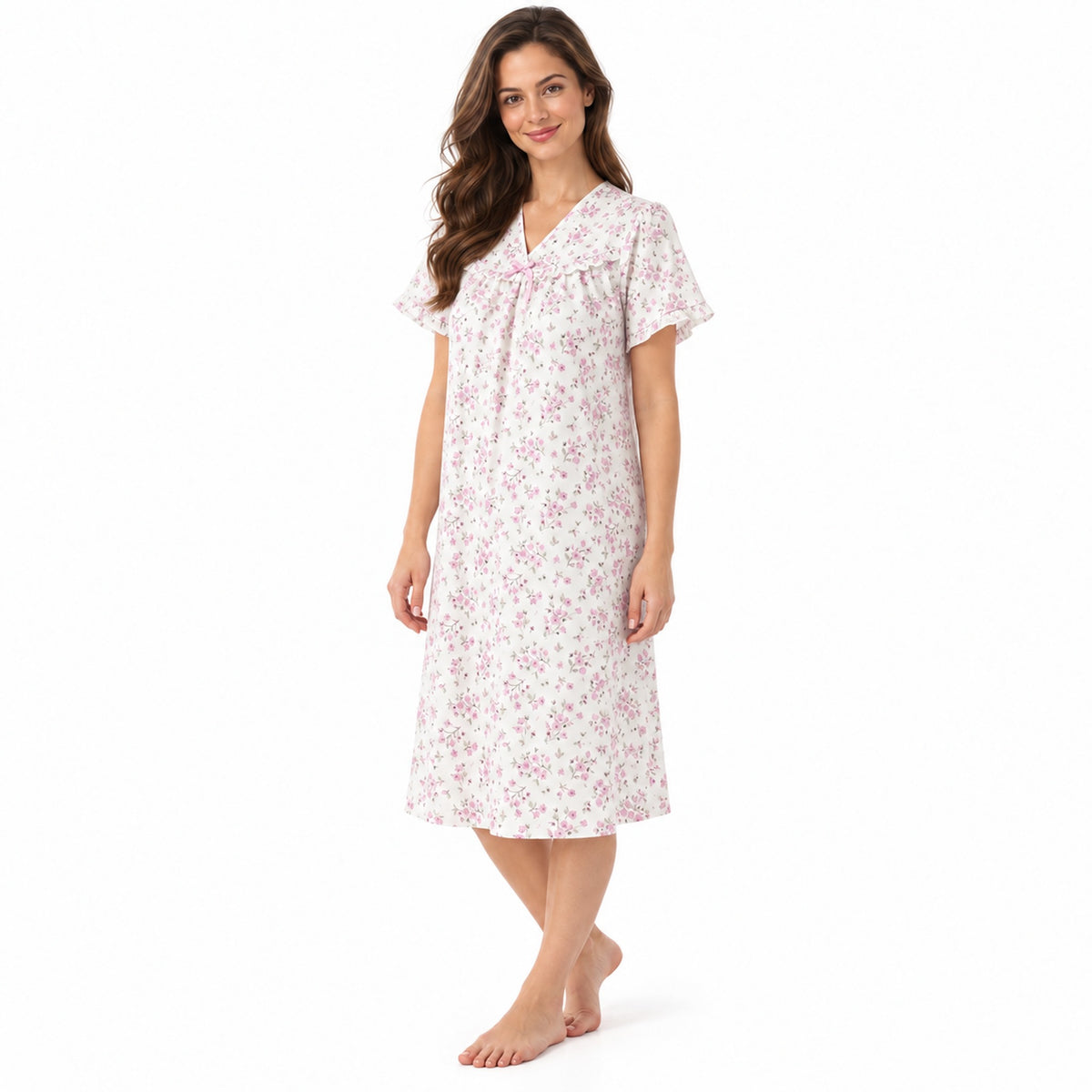 Lamros LR20 women's floral V-neck short sleeve nightdress in pink – side view