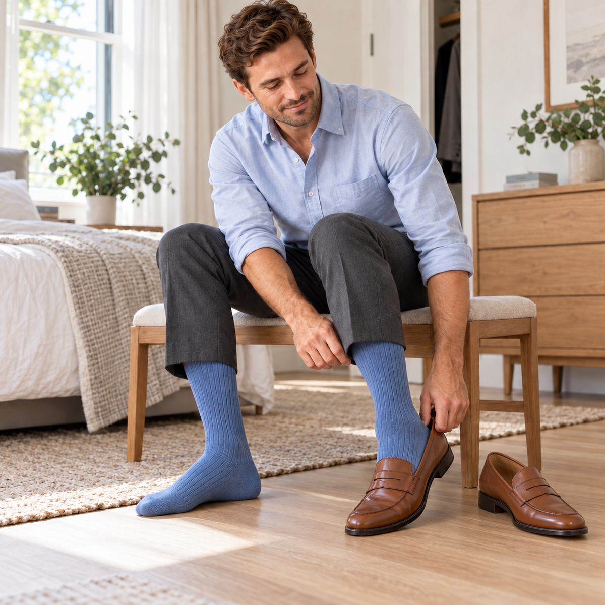 Model putting on brown loafers while wearing blue long hose socks