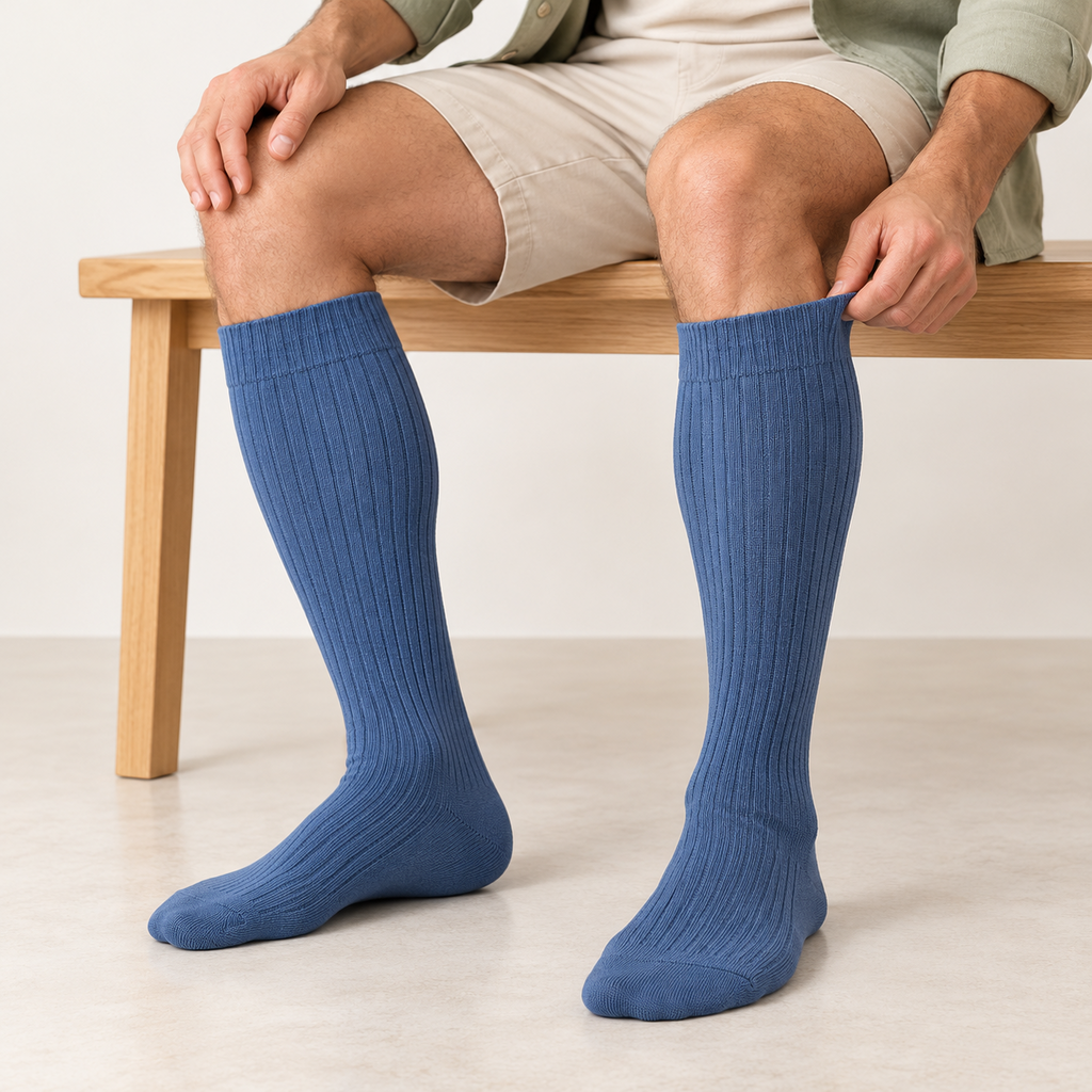 Seated model showing the long hose fit of blue ribbed socks