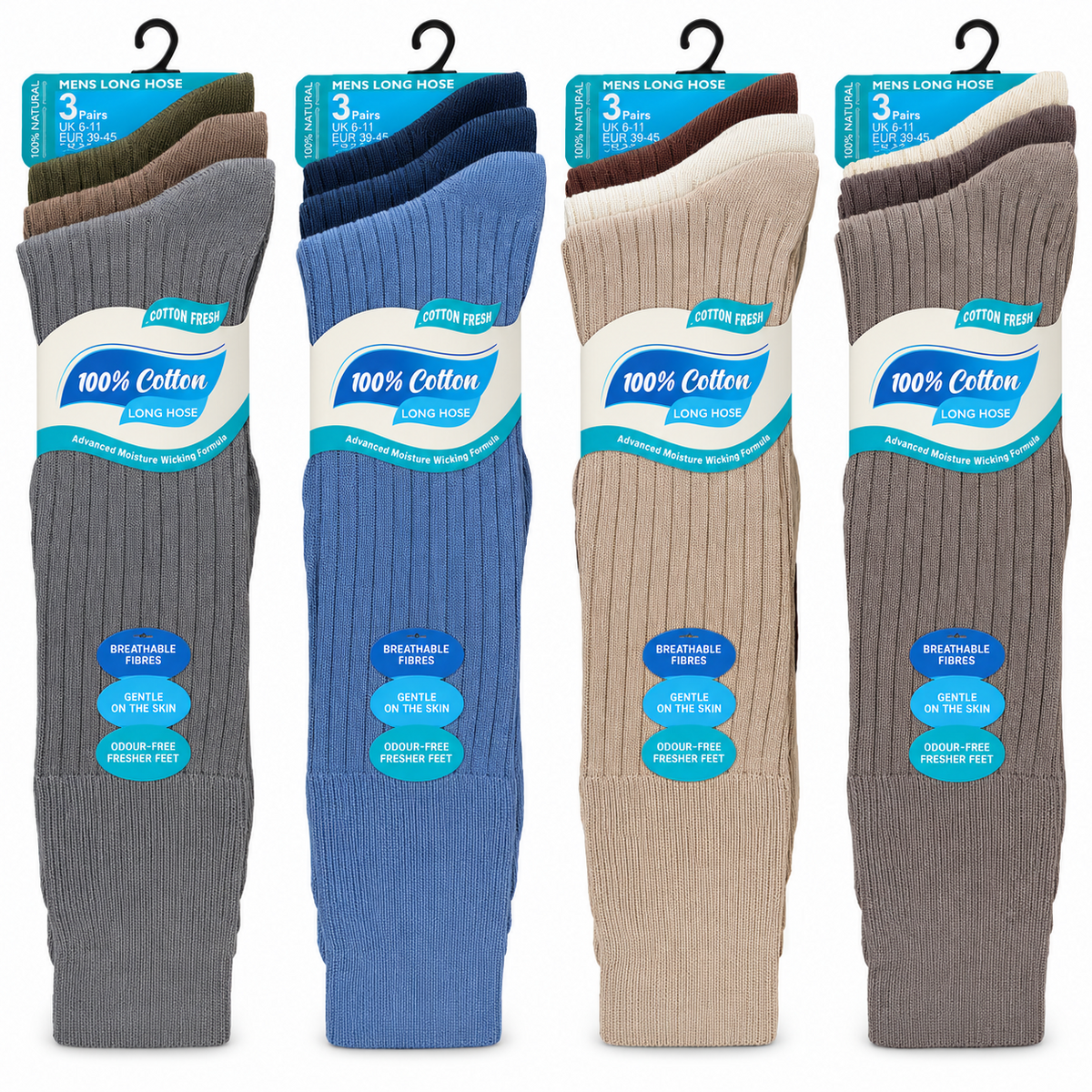 Four packaged three-pair sets of men's cotton long hose socks, 12 pairs total