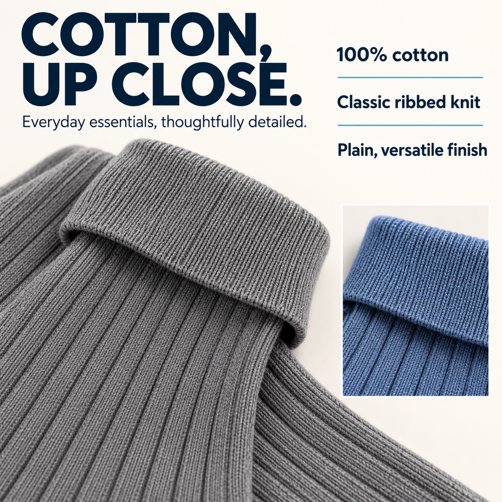 Close-up of cotton fabric and classic ribbed knit in grey and blue socks