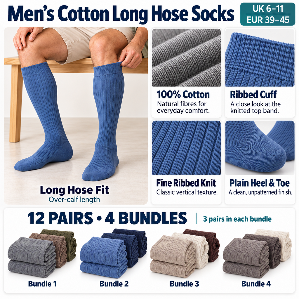Men's 100 percent cotton long hose socks, UK 6–11, ribbed knit, plain heel and toe, 12 pairs in four bundles