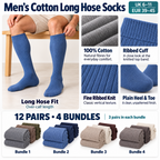 Men's 100 percent cotton long hose socks, UK 6–11, ribbed knit, plain heel and toe, 12 pairs in four bundles